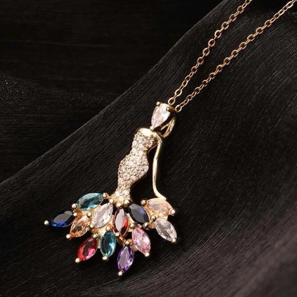 Fashion Figure Colorful CZ Pendant Gold Tone Necklace